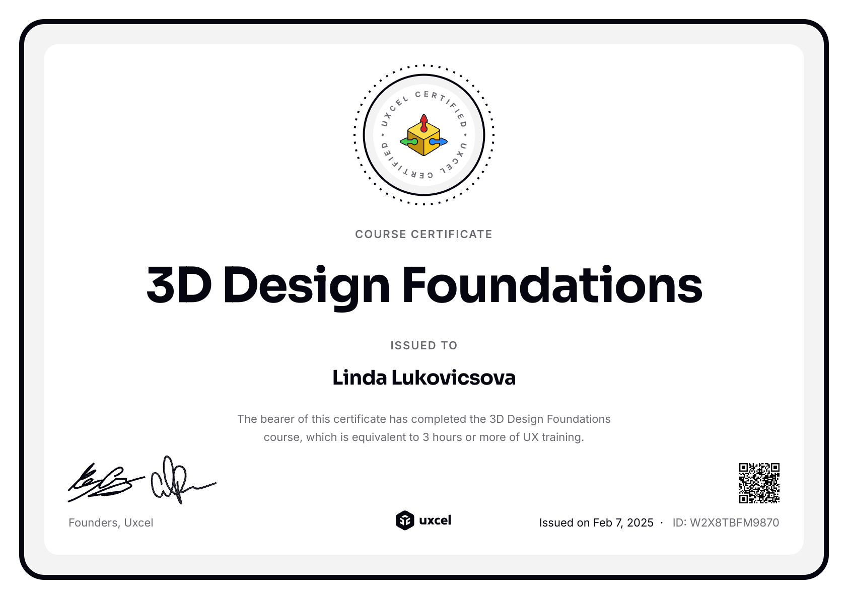 Linda Lukovicsova's certificate